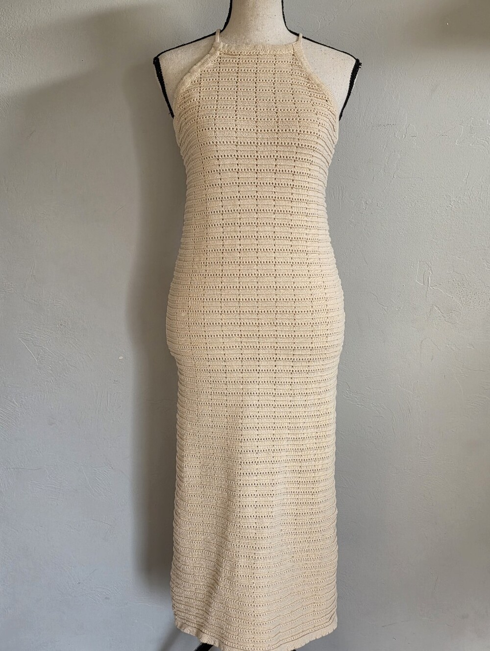 Miou Muse Cream Beige Crochet Halter Maxi Dress Size Small